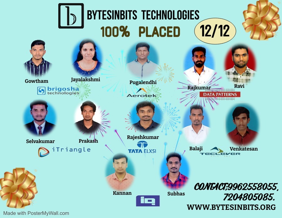Bytes in Bits batch with 12 of 12 students placed at Brigosha, Aerotek, Data Patterns, iTriangle, Tata Elxsi and Teclever
