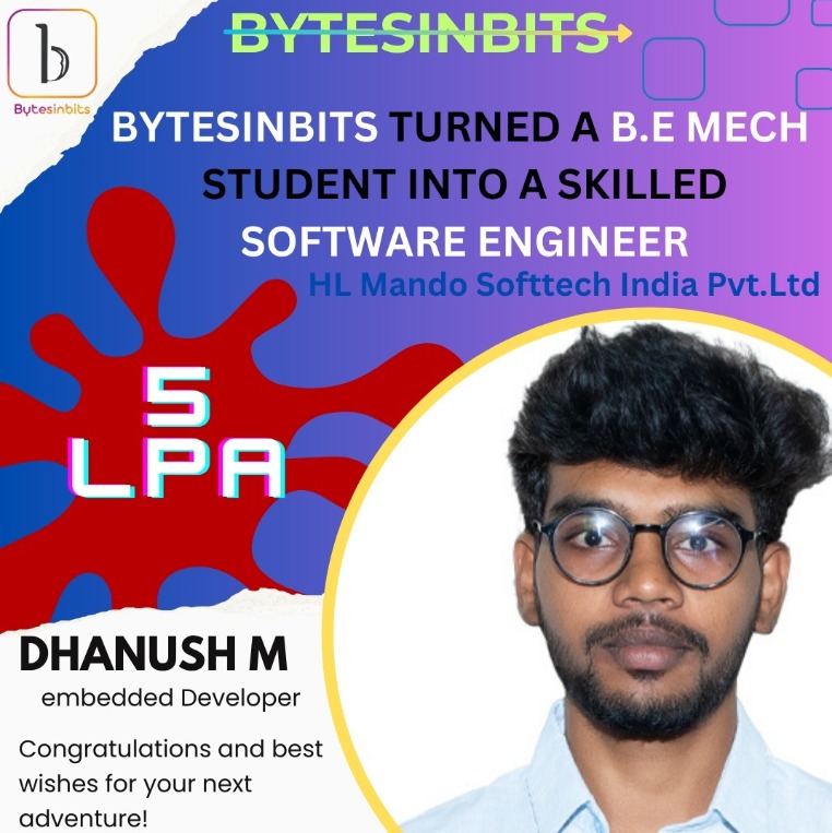 Dhanush M, a B.E Mechanical graduate, placed as Embedded Developer at HL Mando Softtech India for 5 LPA