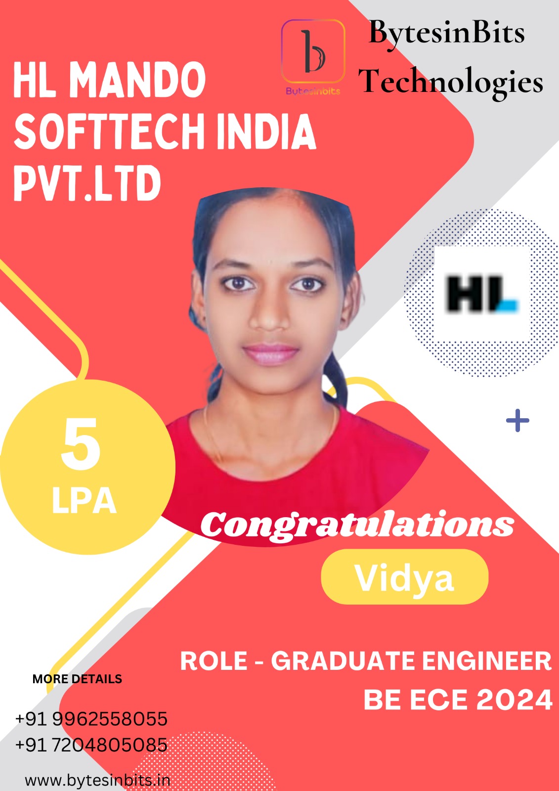 Vidya, BE ECE 2024 graduate, placed as Graduate Engineer at HL Mando Softtech India for 5 LPA