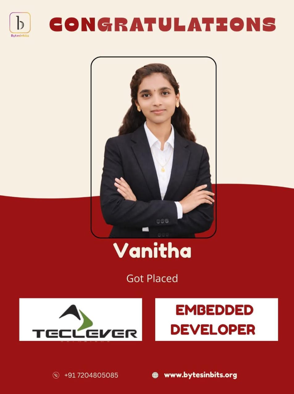 Vanitha placed as Embedded Developer at Teclever Solutions