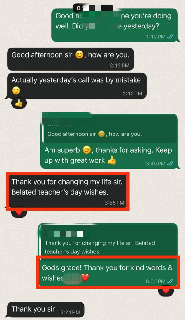WhatsApp message from a Bytes in Bits student: &ldquo;Thank you for changing my life sir&rdquo;