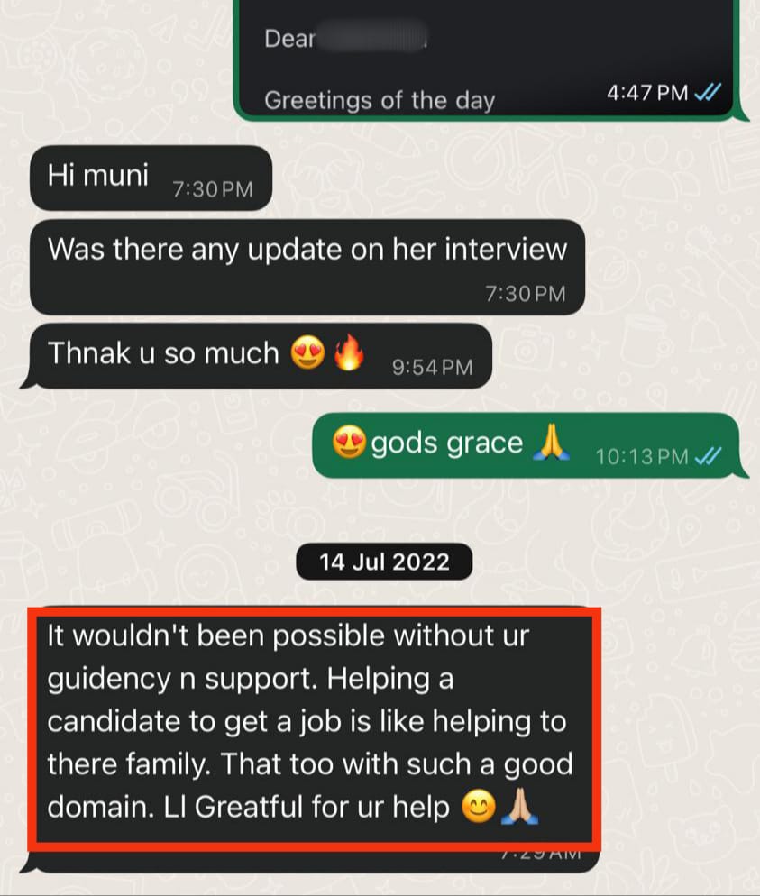 Bytes in Bits student message: helping a candidate get a job is like helping their whole family &mdash; grateful for the guidance and support