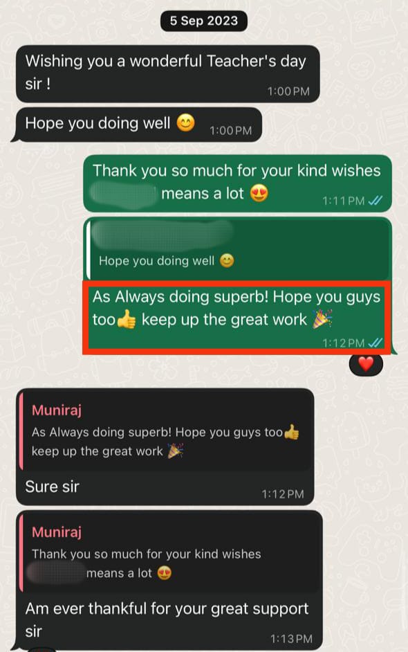 Bytes in Bits student wishing the team on Teacher&rsquo;s Day and praising their consistent training quality