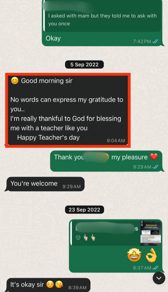 Teacher&rsquo;s Day message from a Bytes in Bits student: no words can express my gratitude to you