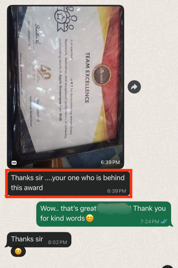 Placed Bytes in Bits student sharing their Team Excellence award at work and crediting their trainer